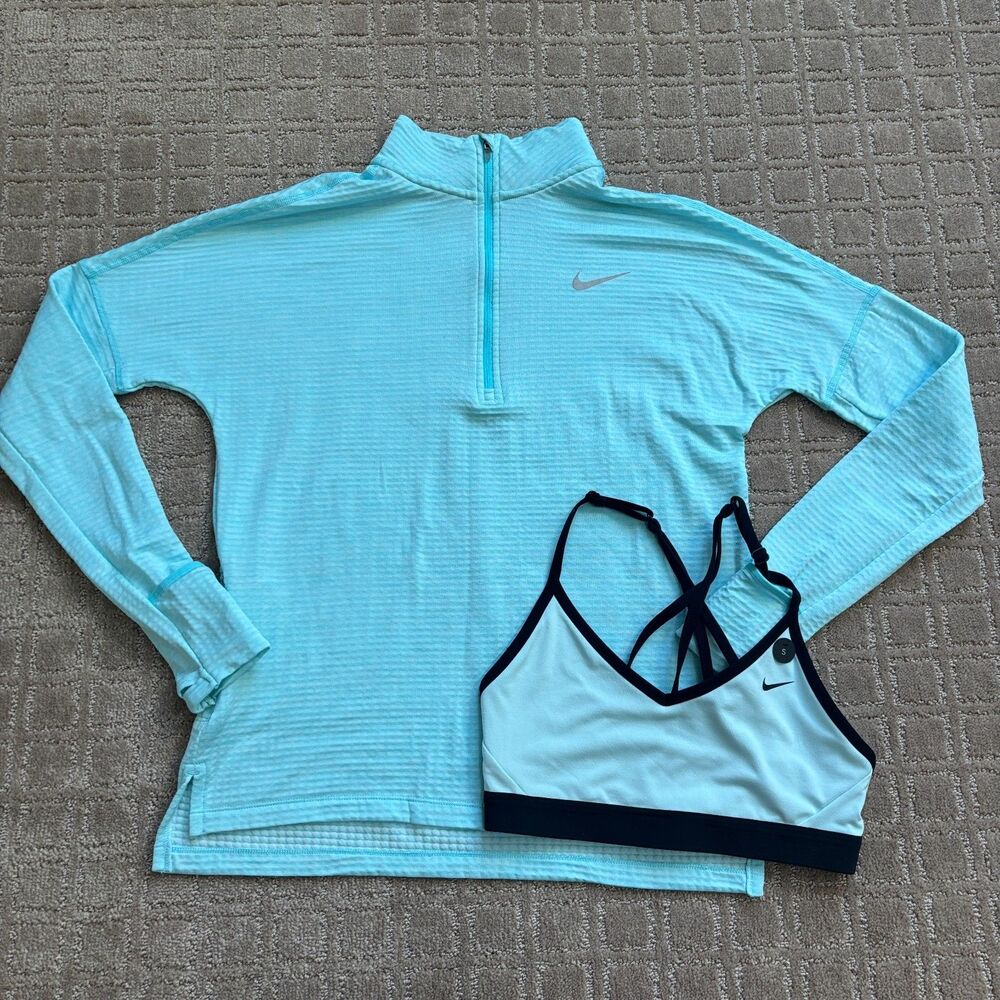 Nike Running 1/4 Pullover Bra Set Womens S Aqua Blue Dri Fit Stretch Long Sleeve